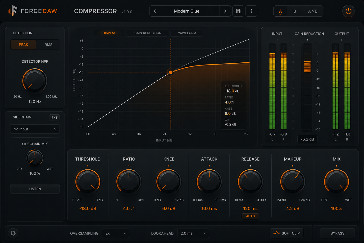 ForgeDAW FX Rack showing a compressor with transfer curve graph and rotary controls