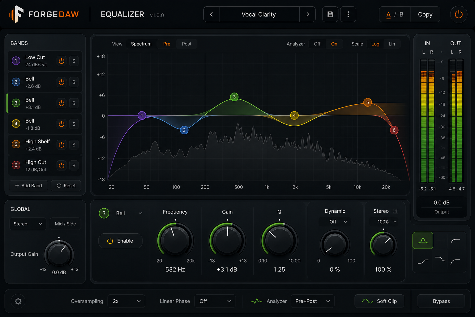 ForgeDAW Equalizer rack with frequency graph, band nodes, and rotary controls