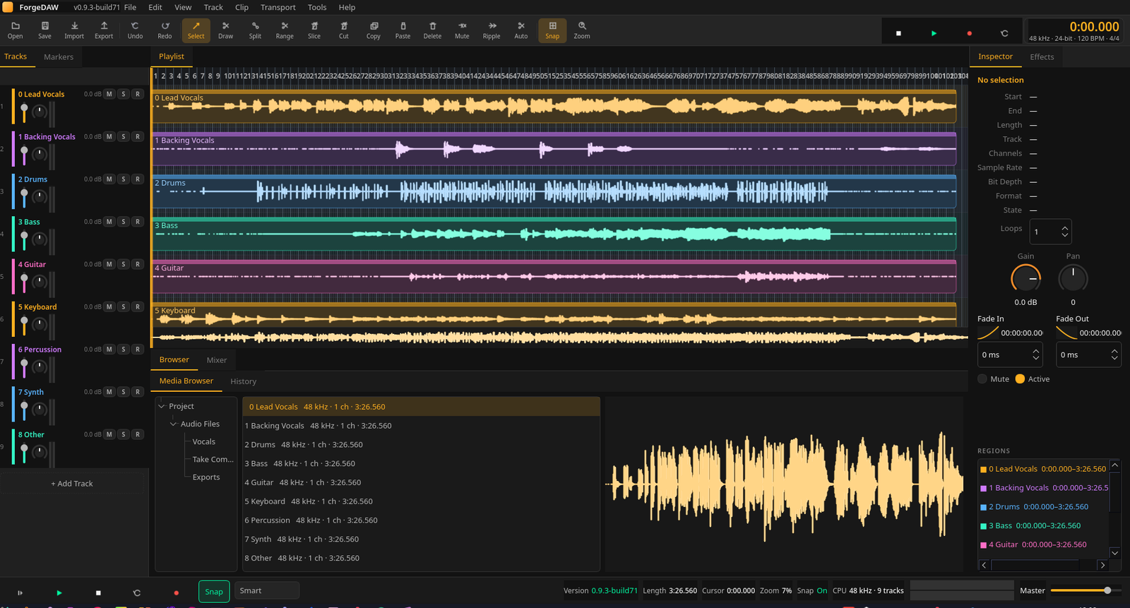 ForgeDAW on Linux — multitrack vocal editor with waveforms, mixer, media browser, and transport